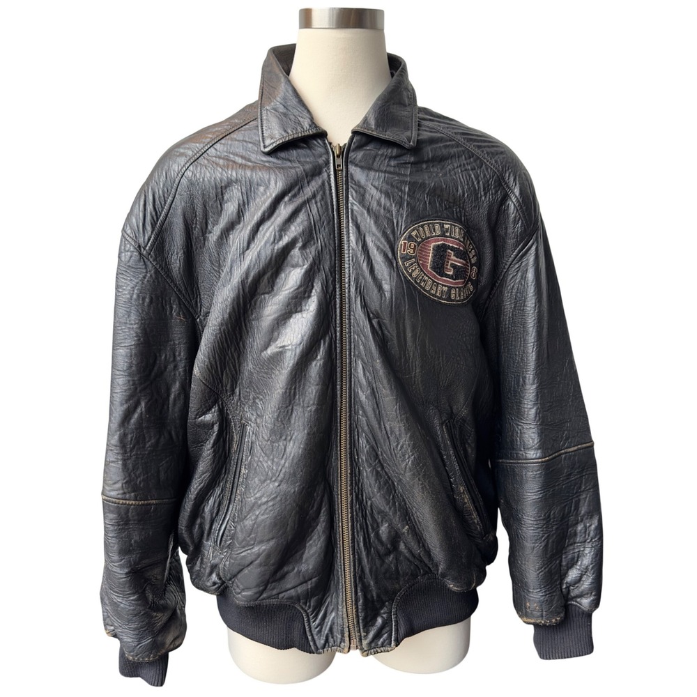 Vintage Guess USA Varsity 1981 Genuine Leather Bomber Jacket Mens XXXL Black